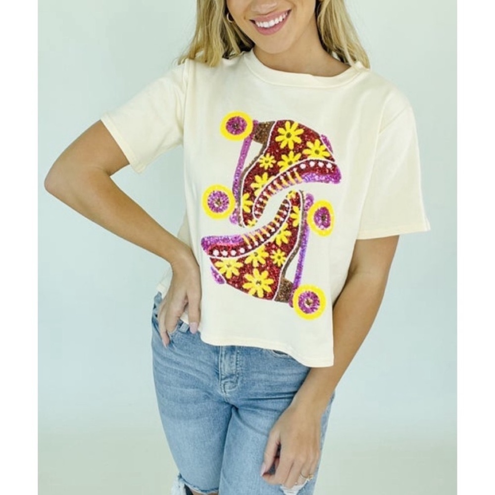 Peach Love cream Skates Sequin Knit Tee